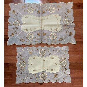 Embroidered Sheer Floral Table Runner & Doily Set Rectangular Beige Gold Elegant